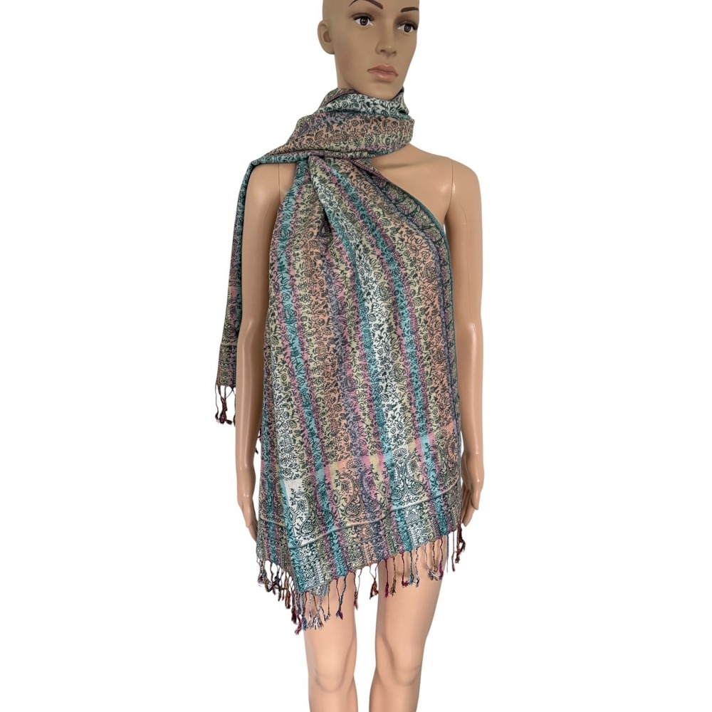 Pashmina Multi Color Striped Paisley Jacquard Fringe Scarf Shawl Wrap Boho chic